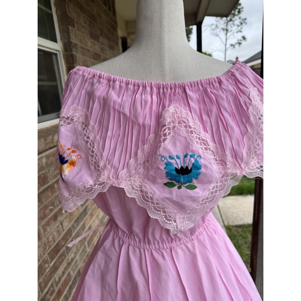 VTG Dress Mexican Embroidered Lace Off Shoulder Boho Floral Peasant Pink Medium - Picture 4 of 5